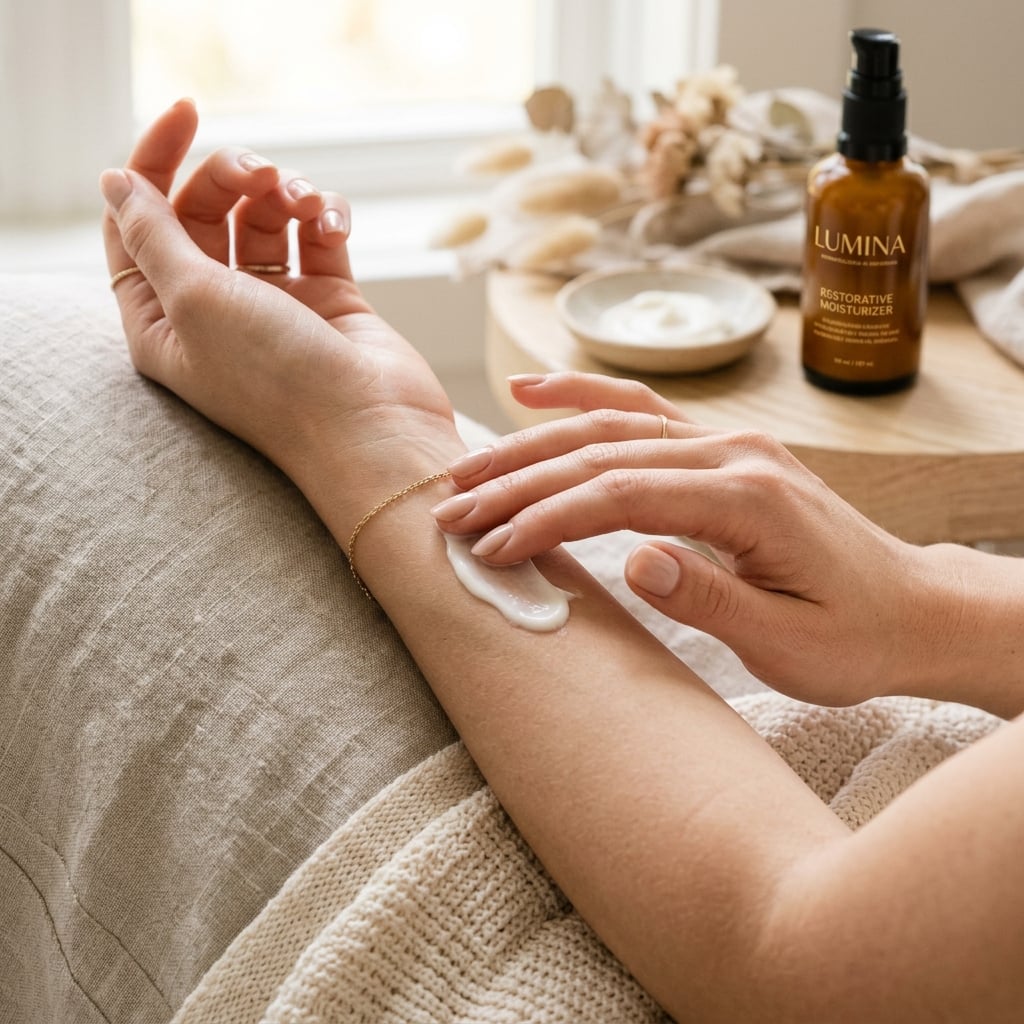 Close-up of hands applying moisturizer