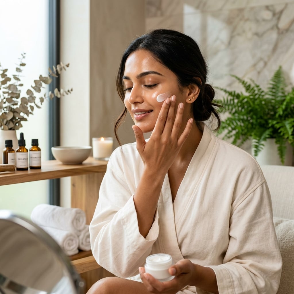 Woman applying serum to face